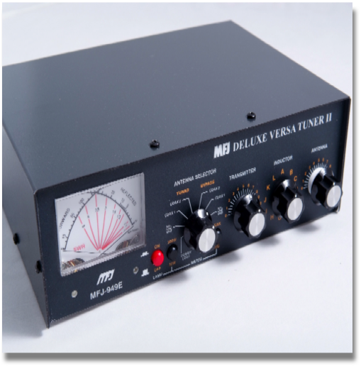 MFJ-949E 




TUNER, 300W, 1.8-30 MHZ, PEAK CROSS METER, DL
 More Hams use MFJ-949s than any other antenna tuner in the world! Why? Because the worlds leading antenna tuner has earned a worldwide reputation for being able to match just about anything.  Full 1.8-30MHz Operation Custom designed inductor switch, 1000 volt tuning capacitors, Teflon insulation washers and proper L/C ratio gives you arc-free no worries operation with up to 300 Watts 1.8 to 30 MHz.  Tunes any Antenna Tunes out SWR on dipoles, verticals, inverted vees, random wires, beams, mobile whips, shortwave receiving antennas.... Nearly anything! Use coax, random wire or balanced lines. Has heavy duty 4:1 balun.  Custom Inductor Switch The inductor switch is the most likely component to burn up in any antenna tuner. MFJs inductor switch in the MFJ-949E was custom designed to withstand the extremely high RF voltages and currents that are developed in your tuner.  8 Position Super Antenna Switch Lets you select two coax fed antennas, random wire/balanced line or built-in dummy load through your MFJ-949E or direct to your transceiver.  More hams use MFJ-949s than any other antenna tuner in the world! Has MFJs full size 3 inch lighted Cross Needle Meter (not a puny "meter" you cant read). Lets you easily read SWR, true peak forward and average reflected power simultaneously on 300 Watt or 30 Watt ranges. Lamp has on/off switch, requires 12 VDC or 110 VAC with MFJ-1312D, $14.95  QRM-Free PreTune MFJs QRM-Free PreTune lets you pre-tune your MFJ-949E off-the-air into its built-in dummy load! Makes tuning your actual antenna faster and easier.  Plus much more! Full size built-in non-inductive 50 Ohm dummy load, scratch-proof Lexan multi-colored front panel, superior cabinet and construction and more!